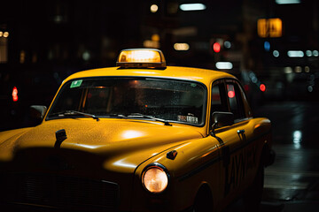 A yellow taxi cab with a rounded body parked on a dark city street at night.