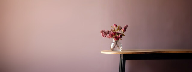 Wooden table with vase with bouquet of flowers near empty, blank purple wall. Home interior background with copy space.