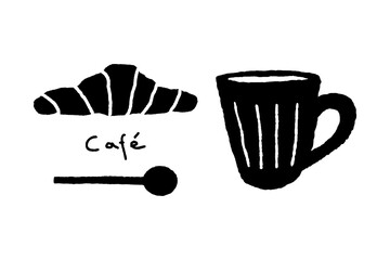 Cup, spoon and croissant hand drawn vector illustration isolated on white background. Cafe design elements - 633123269