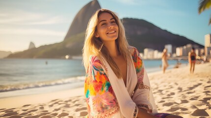 Happy Brazilian woman wearing Brazilian style clothes, relaxing on the golden sands of Copacabana Beach in Rio de Janeiro, with Sugarloaf Mountain in the background  - obrazy, fototapety, plakaty