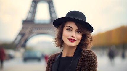 Happy beautiful French woman wearing French clothes and a hat in front of the Eifel Tower, Paris, France on a sunny day