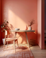 Wooden chair near dining table against pink wall. Art deco interior design of modern dining room.