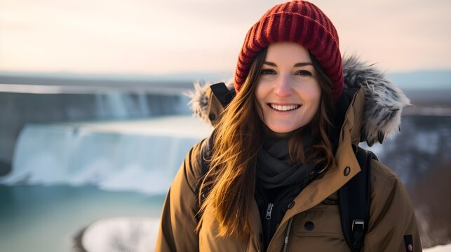 Happy beautiful Canadian woman wearing Canadian style clothes, a woolly hat and a scarf in front of with Niagra Falls, Canada on a winters day