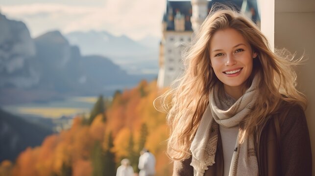 Happy beautiful German woman wearing German style clothes and a scarf in front of Neuschwanstein Castle, Germany on an autumn day