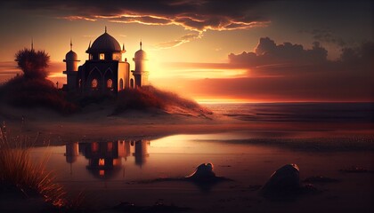 mosque at sunset. A mosque in the sea. Generative in ai