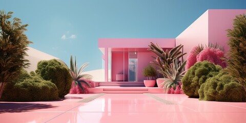 Generative AI, futuristic luxury pink house surrounded by lush greenery
