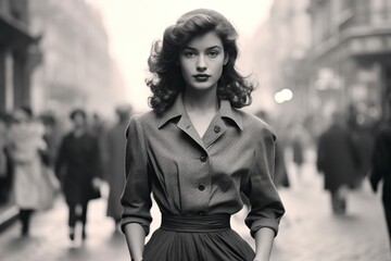 woman walking in Paris in 1950 monochromatic vintage - obrazy, fototapety, plakaty