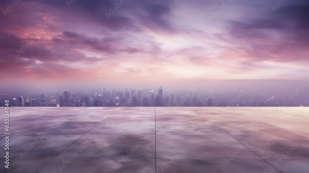 Poster empty marble floor with cityscape and skyline in purple cloud sky created with generative ai