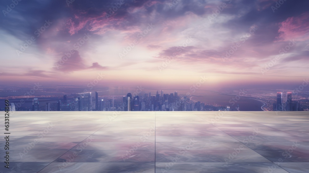 Poster empty marble floor with cityscape and skyline in purple cloud sky created with generative ai
