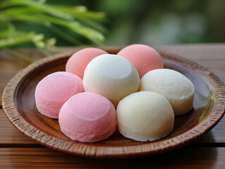 Obraz premium Mochi ice cream on japanese wooden plate