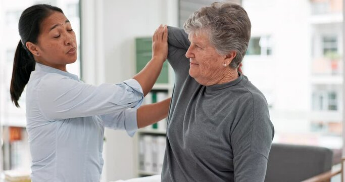 Physical therapy, therapist and senior woman for elbow, joint pain and stretching support or rehabilitation. Physiotherapy, medical professional or chiropractor person for arm check of elderly client