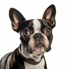 Confused Boston Terrier Dog with Tilted Head on White Background