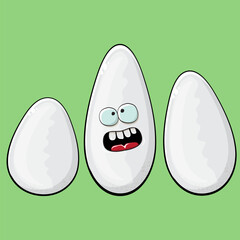 Rice character. Cartoon rice grain characters isolated on green background. Funky rice character with eyes and mouth. Vector white rice clip art, emoji, label and sticker