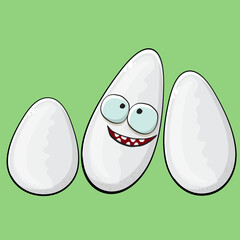 Rice character. Cartoon rice grain characters isolated on green background. Funky rice character with eyes and mouth. Vector white rice clip art, emoji, label and sticker