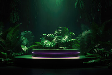 Podium with tropical exotic leaves background. Natural template for product advertisement