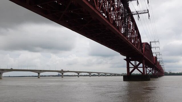A partial view of the Hardinge Bridge and the new Lalonshah Bridge over the Padma River in Ishwardi, Pabna, Bangladesh.