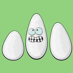 Rice character. Cartoon rice grain characters isolated on green background. Funky rice character with eyes and mouth. Vector white rice clip art, emoji, label and sticker