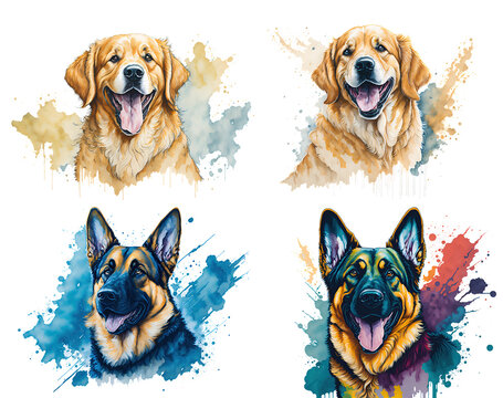 Vibrant Watercolor Canines: German Shepherd and Golden Retriever Set on Transparent Background. Don't Miss These Cute Dog Drawings - Powered by Adobe
