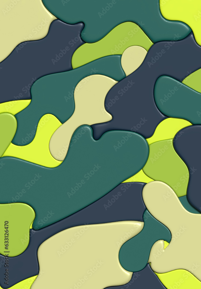 Poster abstract green background with different intersecting shapes, 3d rendering illustration