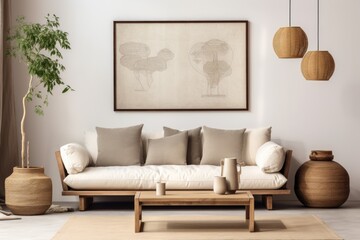A comfortable and inviting living room setting featuring a poster frame display, a customizable sofa, a wooden bench, a white pouf, a trendy coffee table, a beige stucco wall, a decorative bowl, and