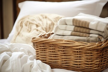 A wicker basket filled with cushions, placed near plaid and textile decorations for the home. A vertical photograph of a neatly folded blanket, freshly washed bedding linens, and cotton sheets - obrazy, fototapety, plakaty