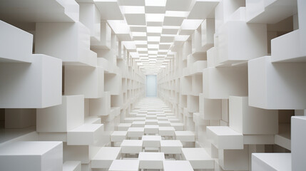A composition formed by numerous white cubes arranged in a perspective that creates a tunnel-like illusion, extending endlessly into the distance. 