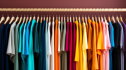 Fashionable attire backdrop - Assorted vibrant t-shirts elegantly displayed on hangers and clothing racks within a retail store. 