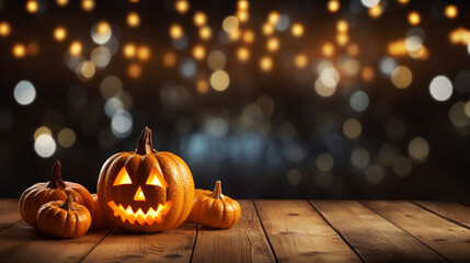 Festive Halloween holiday backdrop banner and greeting card - A wooden table featuring a luminous carved pumpkin, set against a softly blurred background illuminated by enchanting 