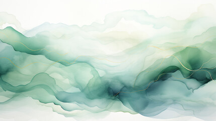 Obraz premium An illustrative depiction of an abstract watercolor background, showcasing a tranquil combination of soft pastel green and aquamarine shades, embellished with graceful golden lines 