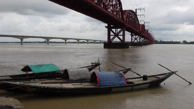 Two boat obstruction is seen under the Hardinge Bridge over the Padma River in Ishwardi, Pabna, Bangladesh.