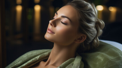 Elegance in Relaxation: An image showcasing a poised lady, her eyes closed in tranquility, as skilled hands expertly administer a spa treatment, enveloping her in a cocoon of relax