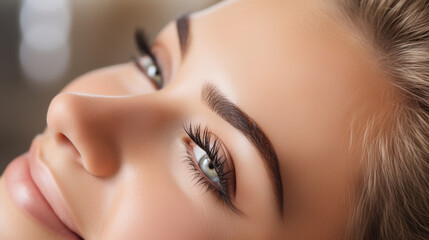 The camera captures a woman's joyful expression as she experiences the thrill of a lash extension procedure, her eyes framed by voluminous, fluttering lashes that enhance her natur  - obrazy, fototapety, plakaty