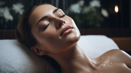 The photo captures a moment of elegance as a woman receives a rejuvenating oxygen facial, with a gentle mist enveloping her skin, promising a youthful and revitalized complexion  - obrazy, fototapety, plakaty