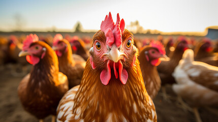 A group of chickens eagerly awaiting their feed, their gaze fixed on the camera.  - obrazy, fototapety, plakaty