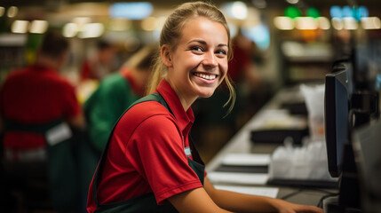 A cheerful young woman working as a cashier at a supermarket.  - obrazy, fototapety, plakaty