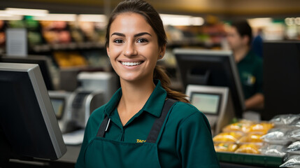 A cheerful young woman working as a cashier at a supermarket. - obrazy, fototapety, plakaty