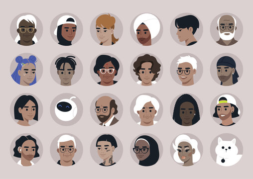 A collection of diverse avatars, embodying a range of ages, ethnic backgrounds, and cultural identities