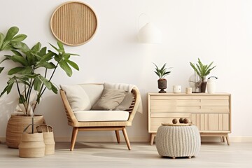 This template showcases a trendy Scandinavian style living room interior featuring a beautifully designed wooden commode, a rattan basket adorned with plants, a teapot, ample blank space for