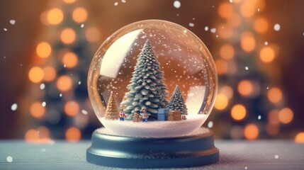 Fototapeta na wymiar Crystal Snowball with Christmas Tree in it, in front of Christmas Bokeh Background With Copy Space. Postcard. Banner. Merry Christmas. Happy New Year. Eve.