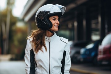 Young cool woman wearing motorcycle gear and helmet, AI Generated
