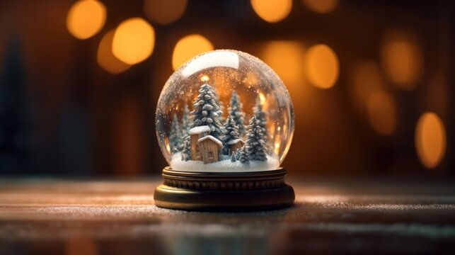 Crystal Snowball with Christmas Tree in it, in front of Christmas Bokeh Background With Copy Space. Postcard. Banner. Merry Christmas. Happy New Year. Eve.