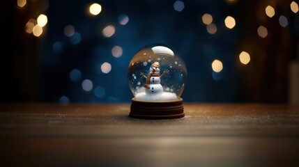Fototapeta na wymiar Crystal Snowball with Snowman in it, in front of Christmas Bokeh Background With Copy Space. Postcard. Banner. Merry Christmas. Happy New Year. Eve.