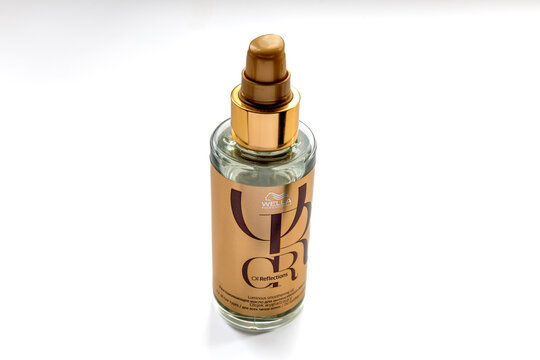 London. UK- 08.04.2023. A bottle of Wella professional hair oil treatment isolated in white.