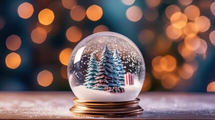 Crystal Snowball with Christmas Tree in it, in front of Christmas Bokeh Background With Copy Space. Postcard. Banner. Merry Christmas. Happy New Year. Eve.
