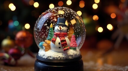 Crystal Snowball with Snowman in it, in front of Christmas Bokeh Background With Copy Space. Postcard. Banner. Merry Christmas. Happy New Year. Eve.