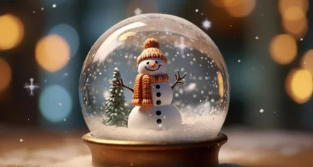Fotobehang Snow globe with snowman and pine tree on bokeh background © John Martin