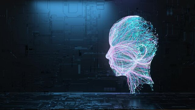 The neural connection creates the silhouette of a human head. Glowing particles. AI. Blue neon color. 3d animation.