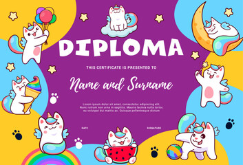 Obraz na płótnie Canvas Kids diploma. Cartoon cute caticorn cats and kitten characters certificate background frame. Vector school graduation diploma or award with funny unicorn cat animals personages, rainbow and balloons