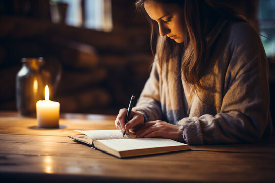 person deep in thought while writing in their journal, symbolizing introspection and self-discovery Generative AI