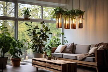 A ceiling lamp made of wood, designed in the form of a lengthy pendant, equipped with LED lights. Resting on its upper part, there is a lush green plant alongside several candles, creating a serene
